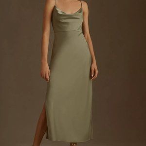BHLDN Cali Satin Charmeuse Midi Dress - Moss Green, Size 2, worn once